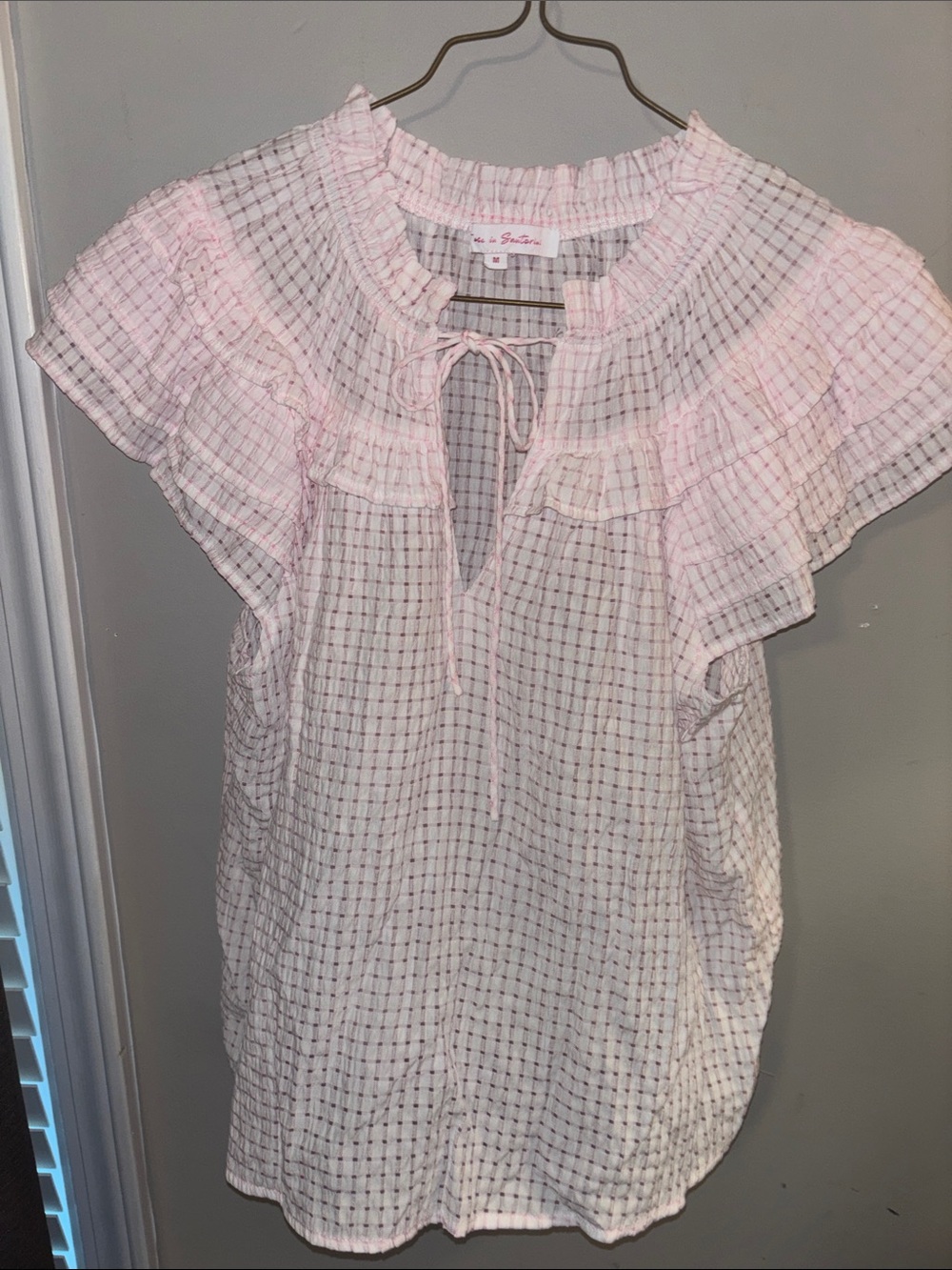 Ruffle Tie-Neck Pink Checked Women's Blouse